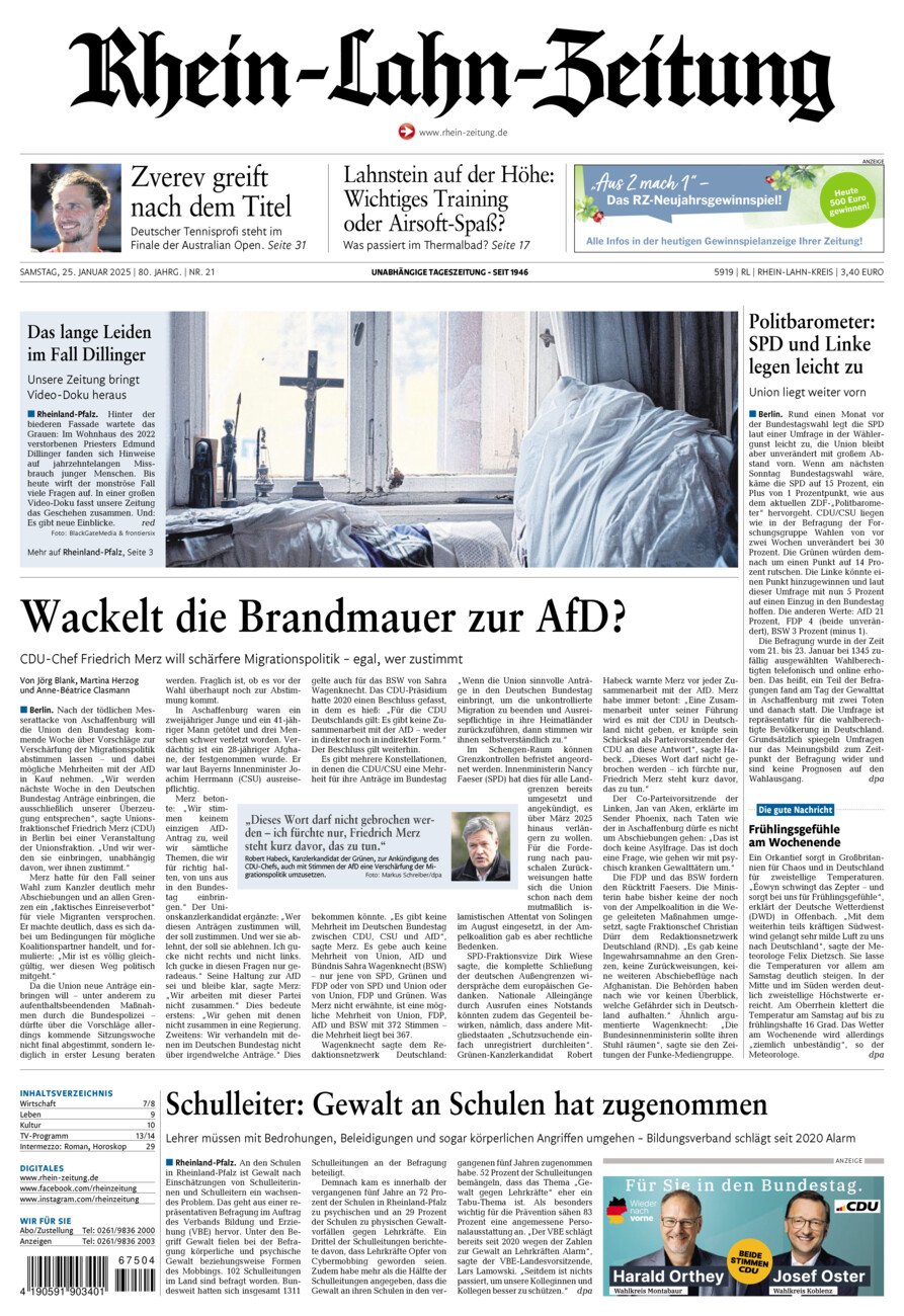 Rhein-Lahn-Zeitung vom Samstag, 25.01.2025