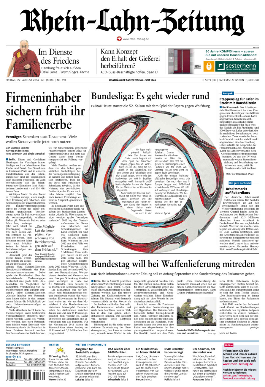 Rhein-Lahn-Zeitung vom Freitag, 22.08.2014