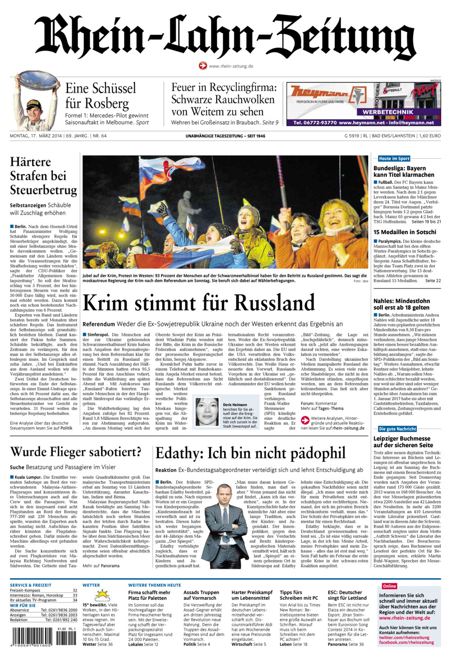 Rhein-Lahn-Zeitung vom Montag, 17.03.2014
