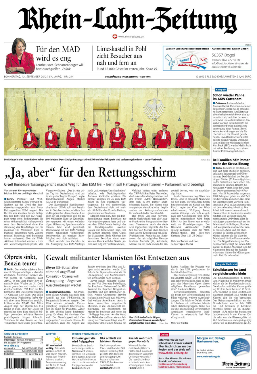 Rhein-Lahn-Zeitung vom Donnerstag, 13.09.2012