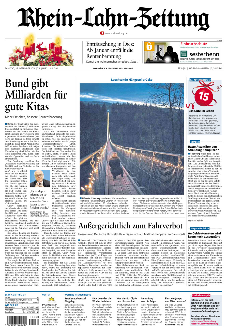 Rhein-Lahn-Zeitung vom Samstag, 15.12.2018