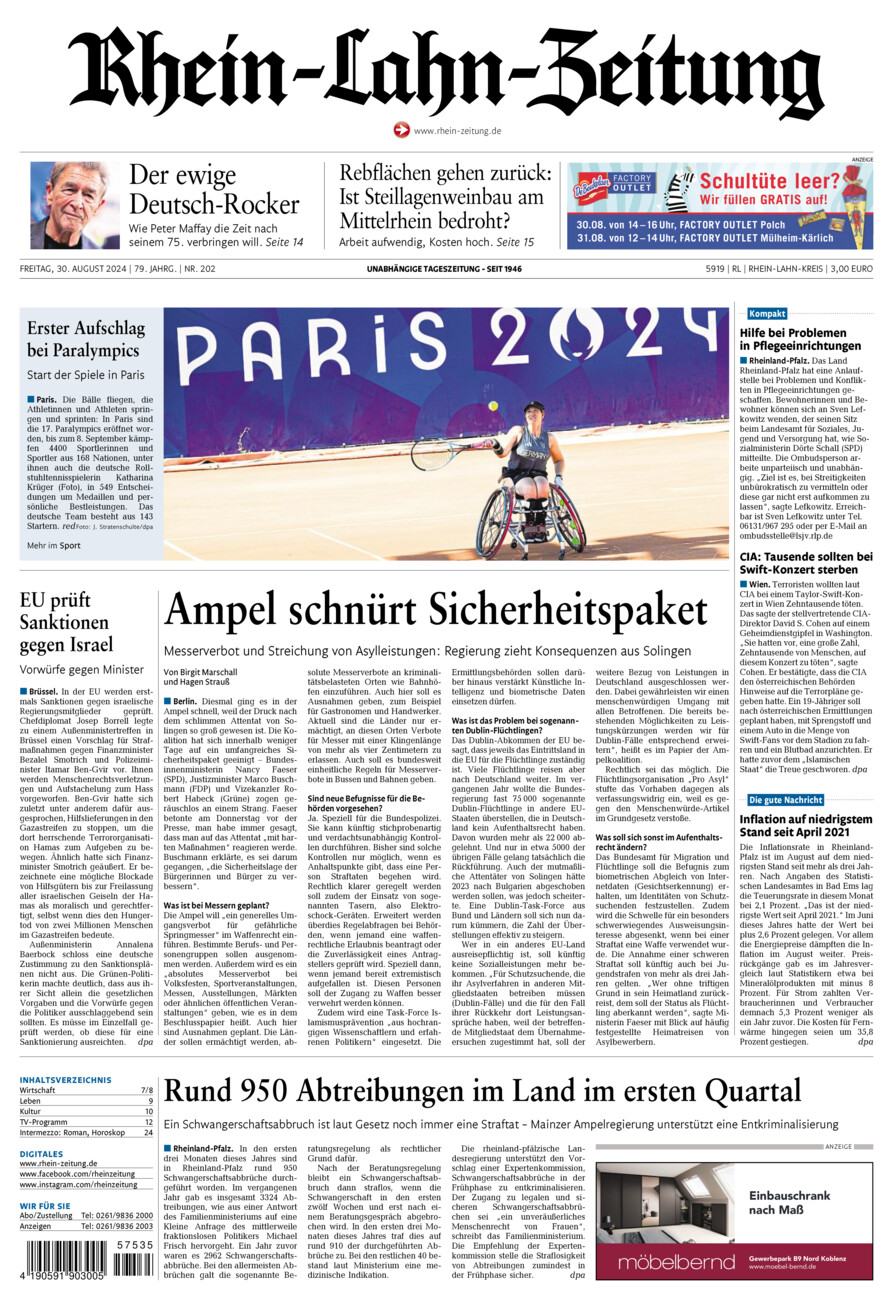 Rhein-Lahn-Zeitung vom Freitag, 30.08.2024