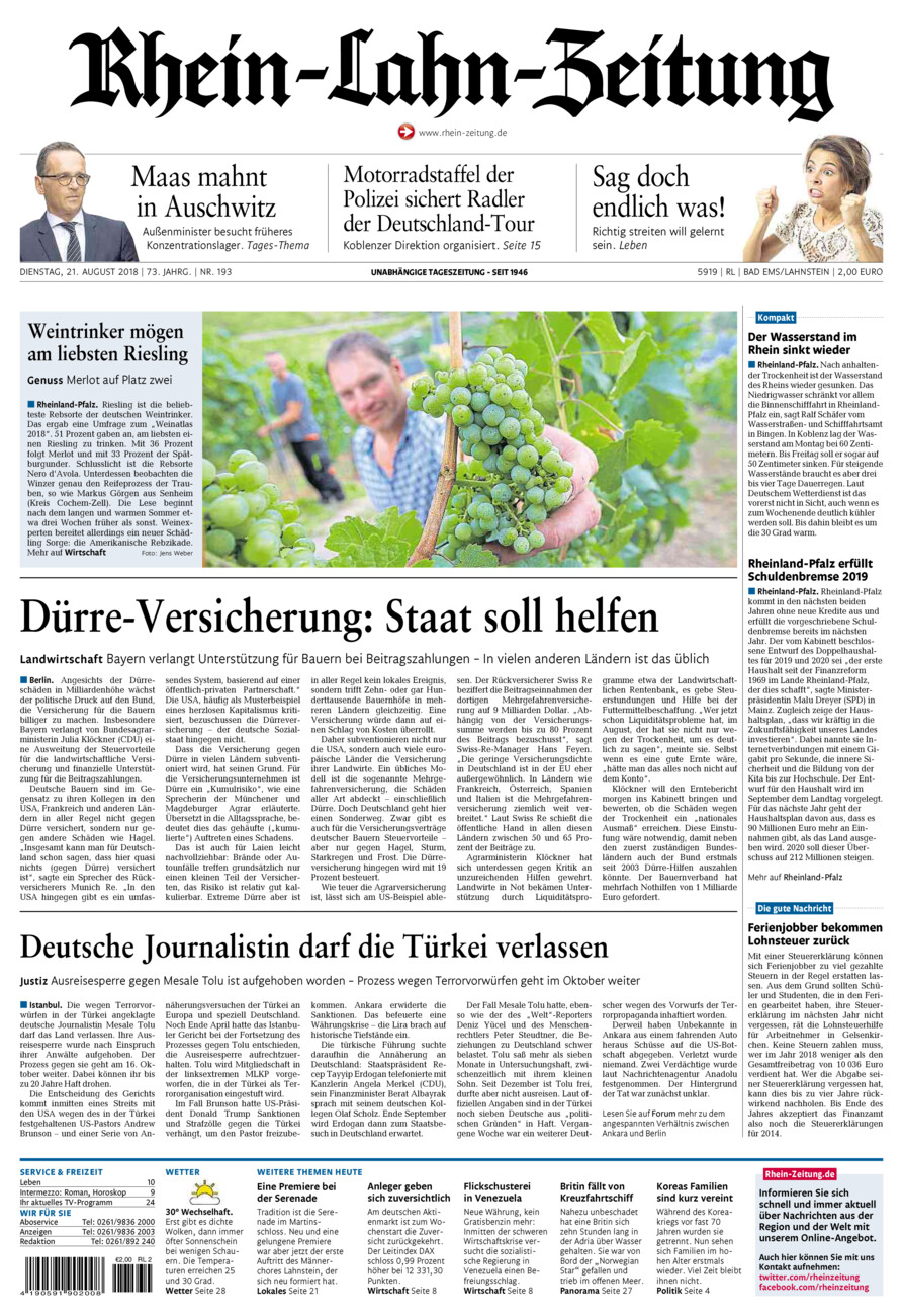 Rhein-Lahn-Zeitung vom Dienstag, 21.08.2018