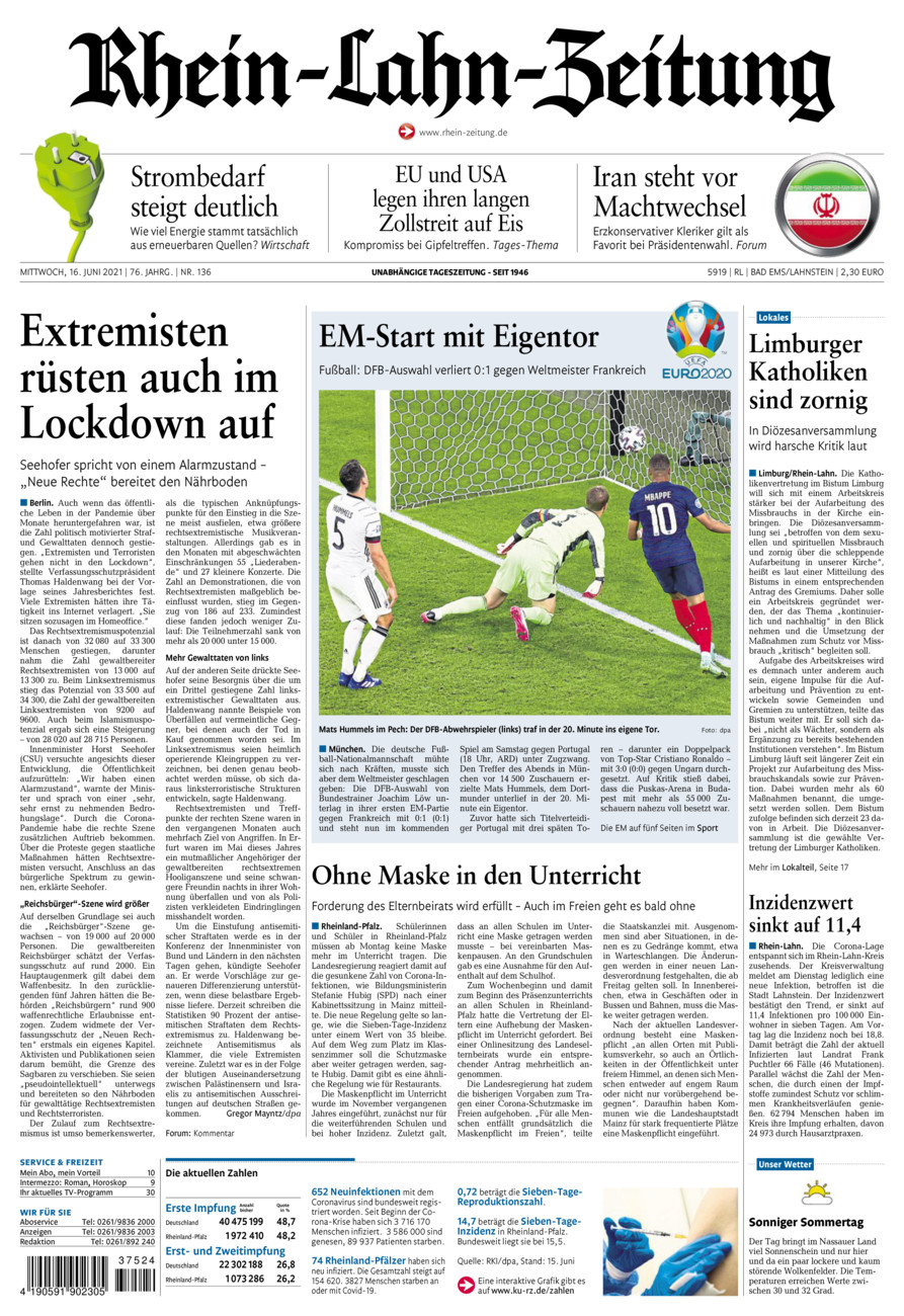 Rhein-Lahn-Zeitung vom Mittwoch, 16.06.2021