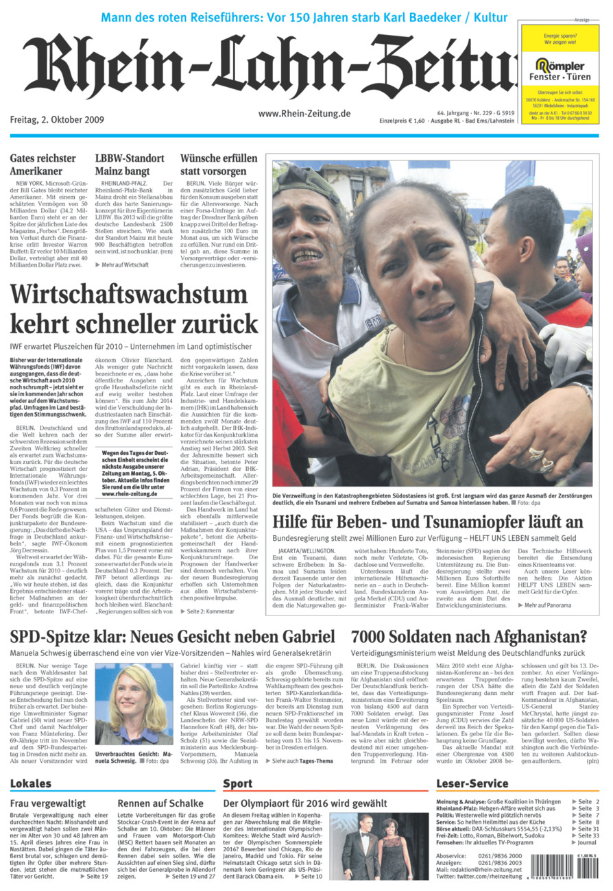 Rhein-Lahn-Zeitung vom Freitag, 02.10.2009