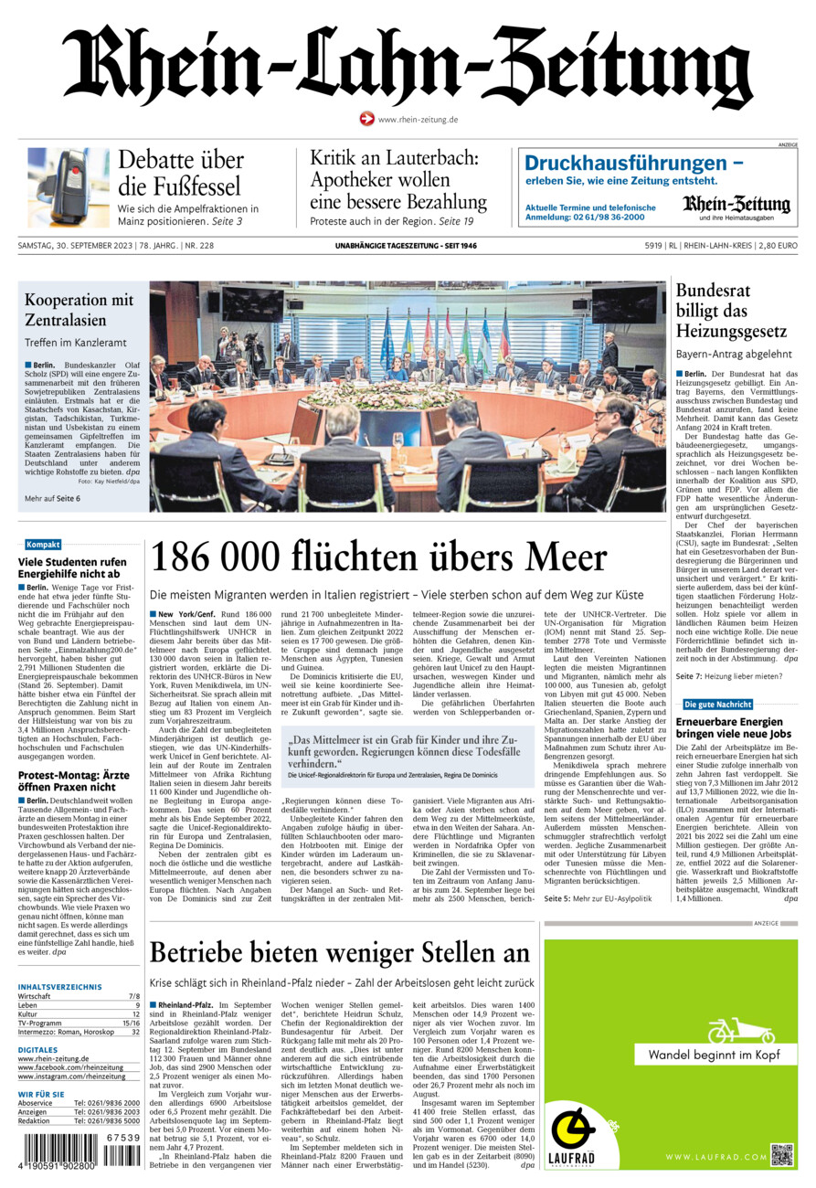 Rhein-Lahn-Zeitung vom Samstag, 30.09.2023