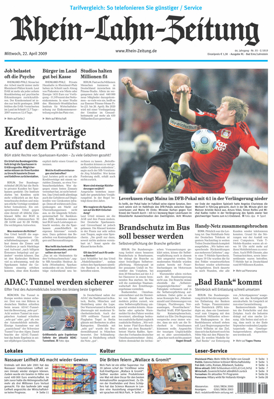 Rhein-Lahn-Zeitung vom Mittwoch, 22.04.2009