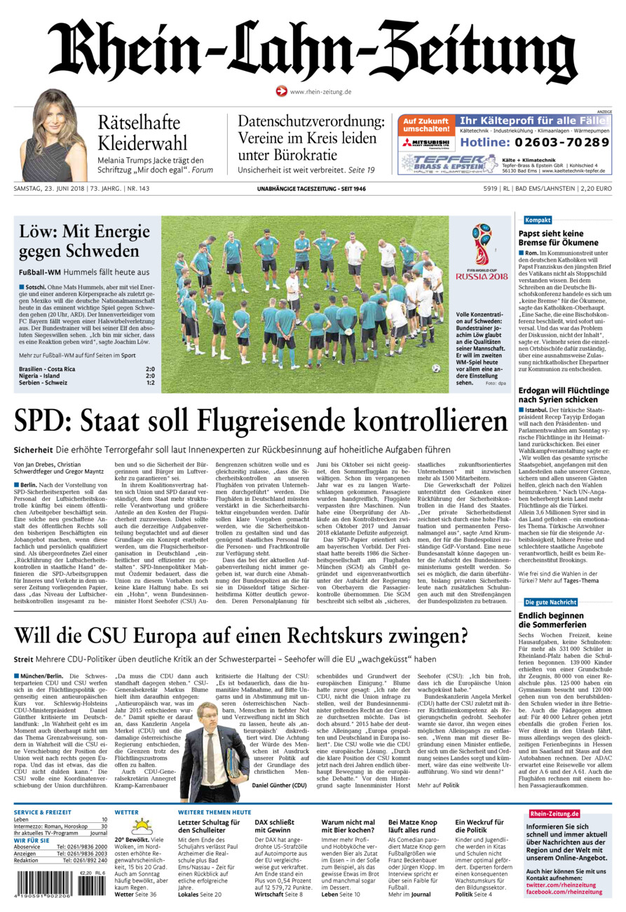Rhein-Lahn-Zeitung vom Samstag, 23.06.2018