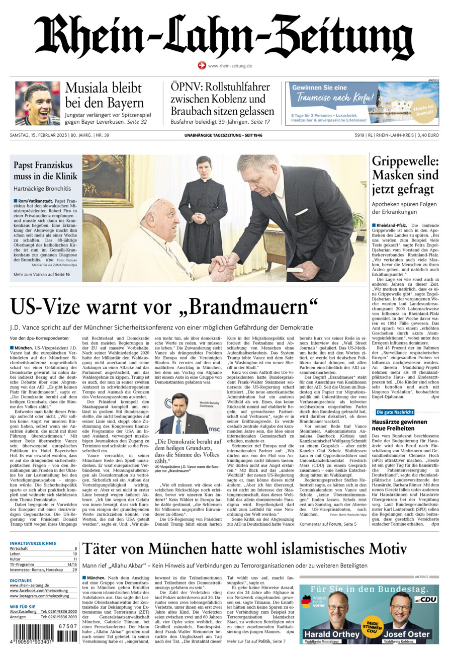 Rhein-Lahn-Zeitung vom Samstag, 15.02.2025