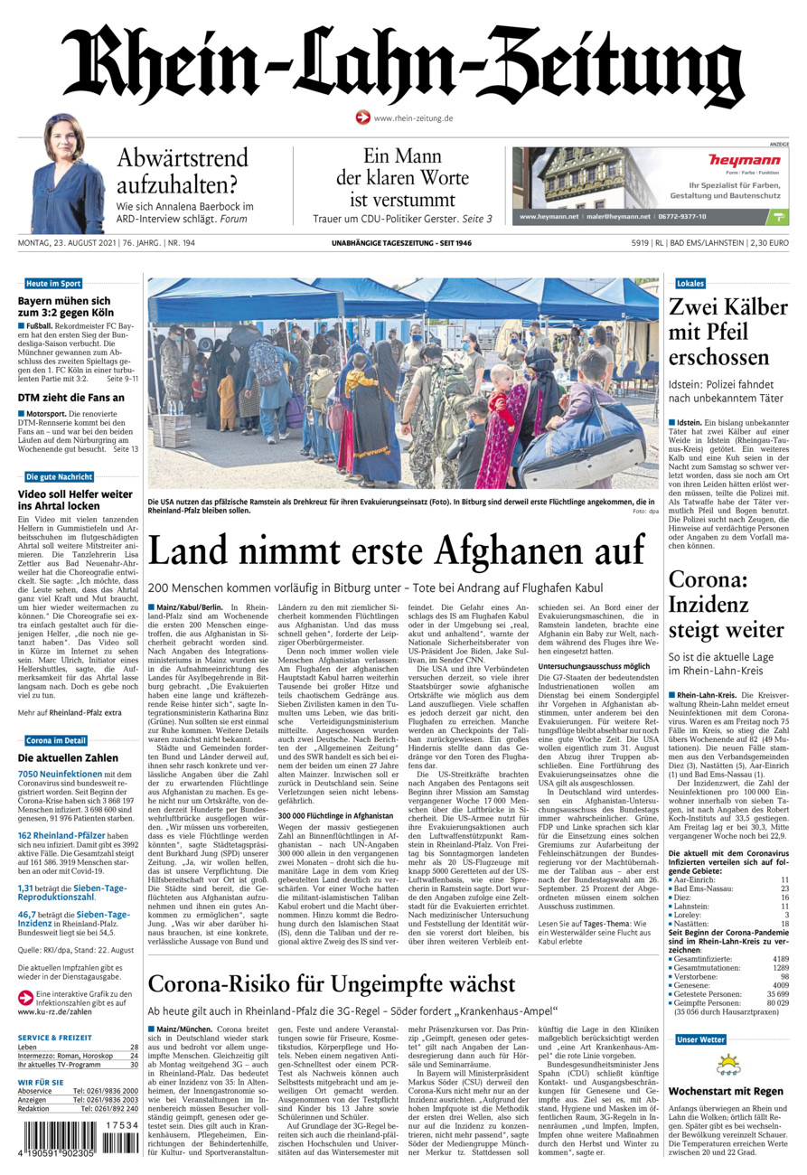 Rhein-Lahn-Zeitung vom Montag, 23.08.2021