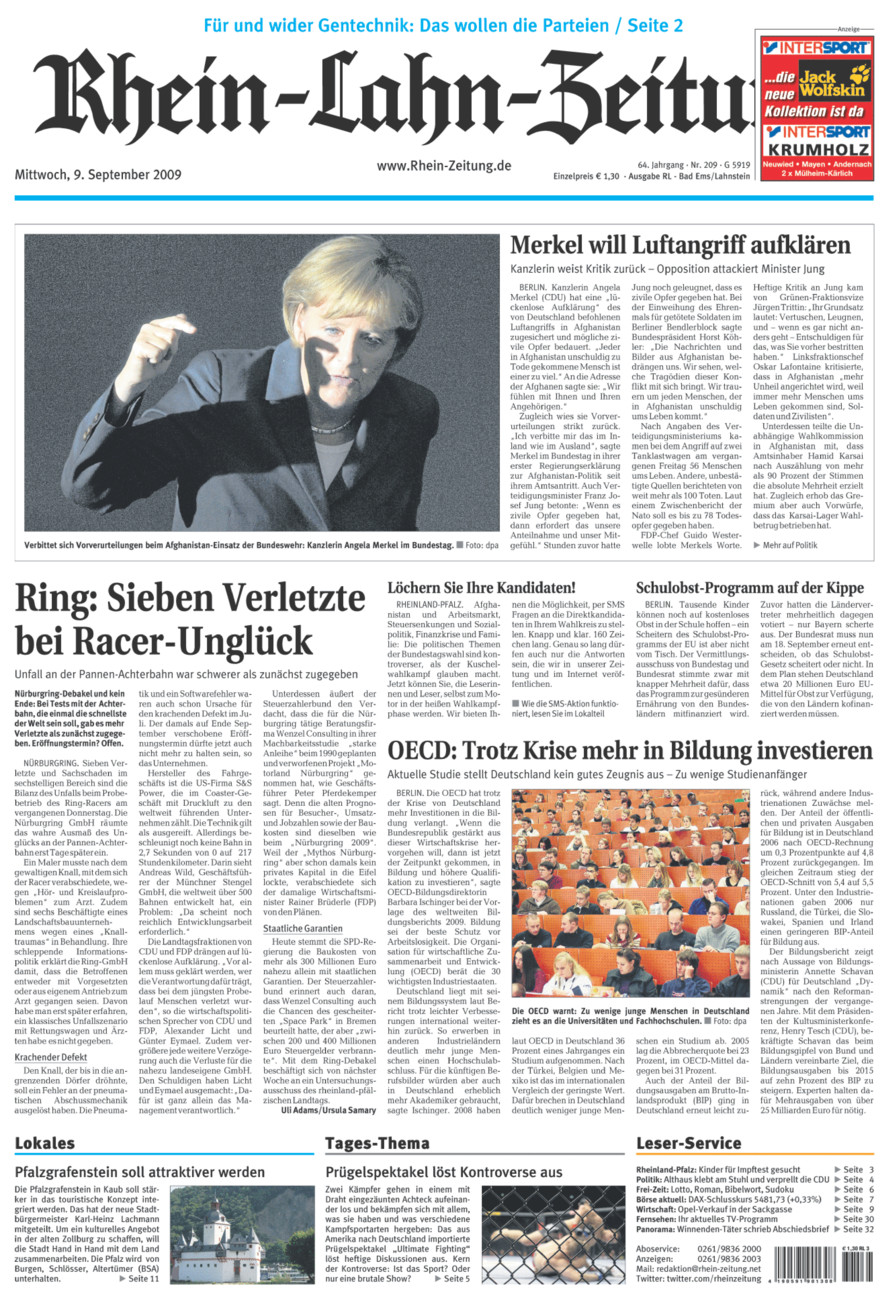 Rhein-Lahn-Zeitung vom Mittwoch, 09.09.2009