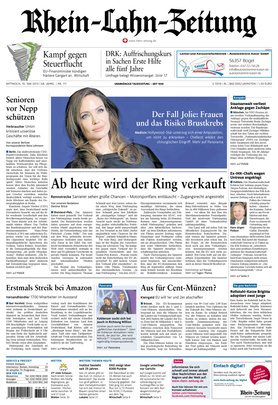 Rhein-Lahn-Zeitung vom Mittwoch, 15.05.2013