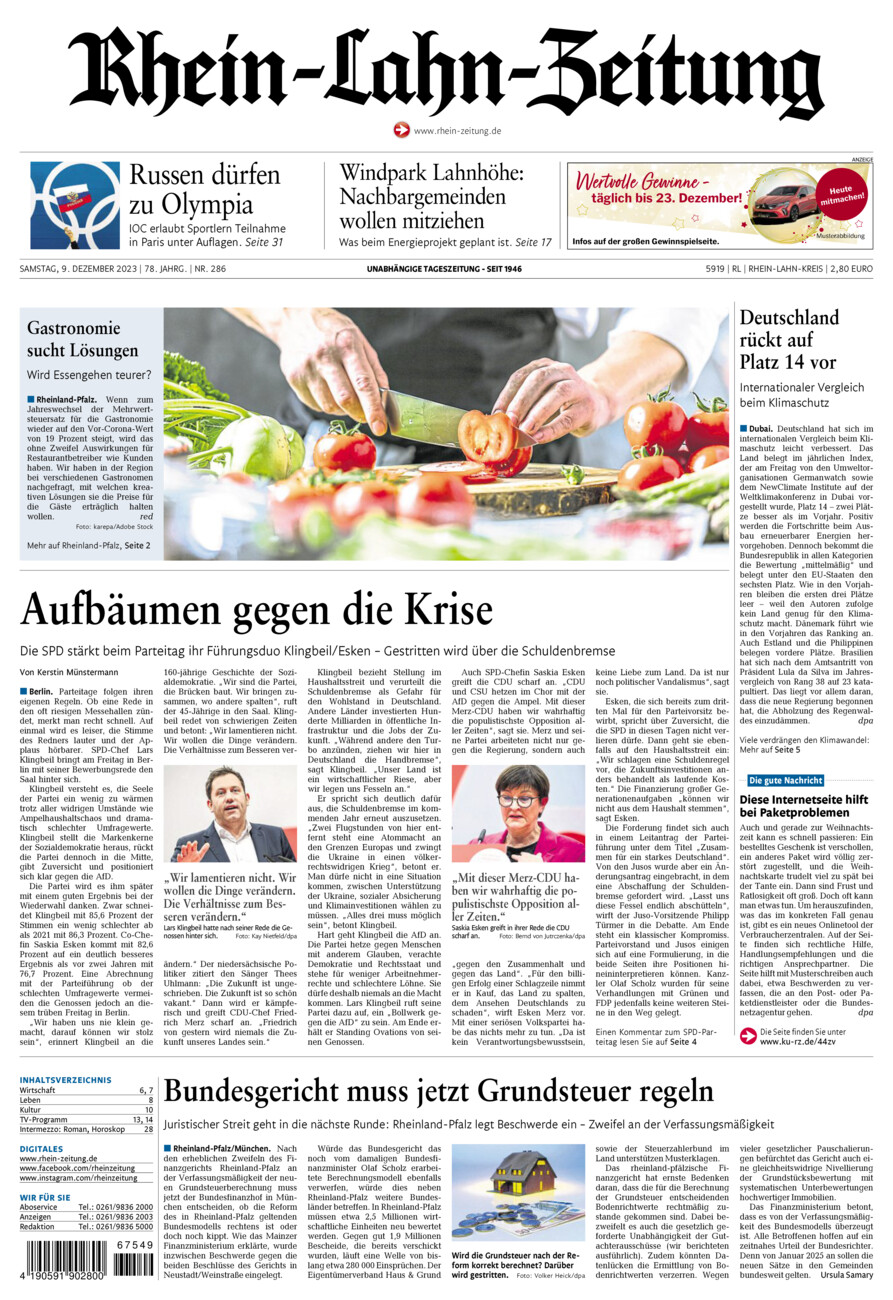 Rhein-Lahn-Zeitung vom Samstag, 09.12.2023