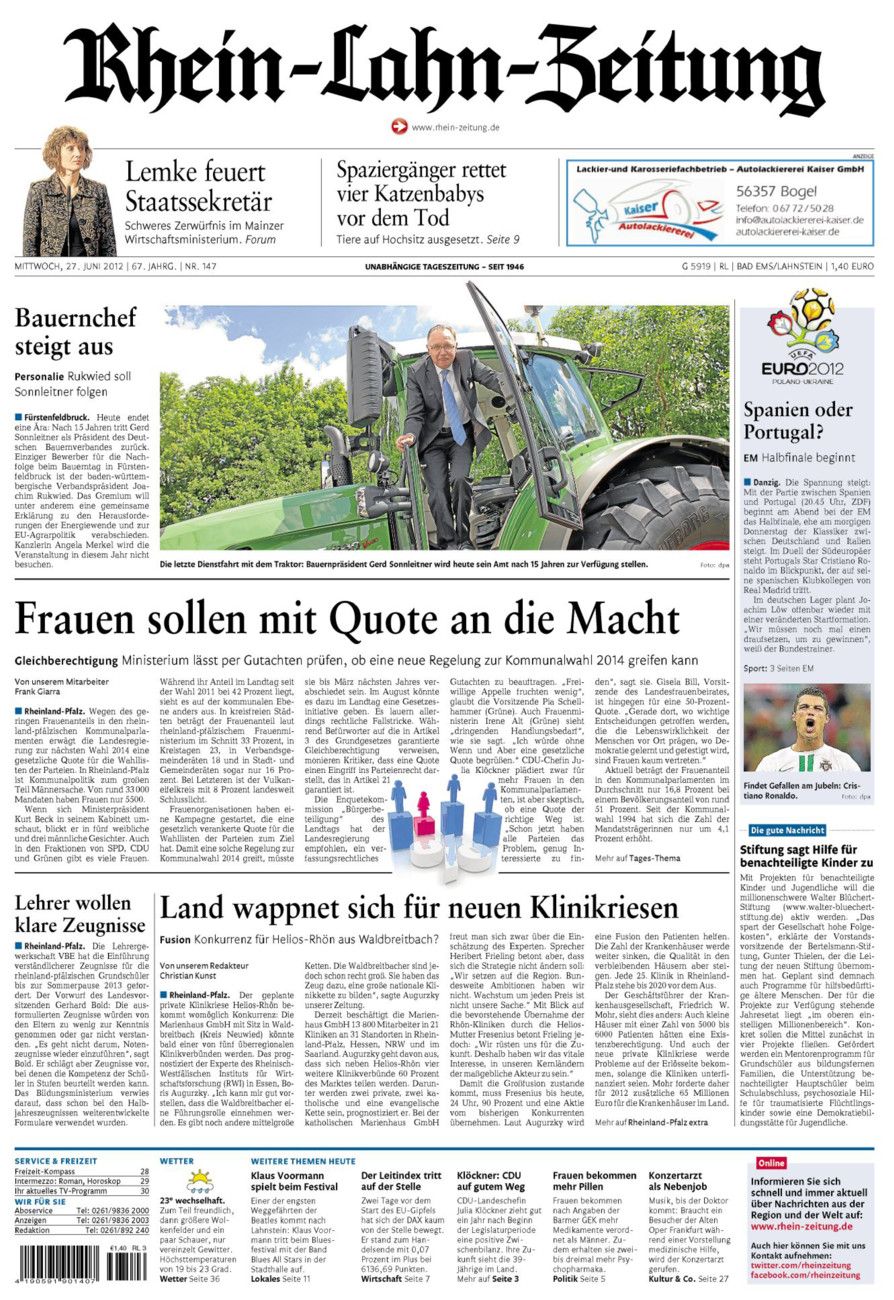 Rhein-Lahn-Zeitung vom Mittwoch, 27.06.2012