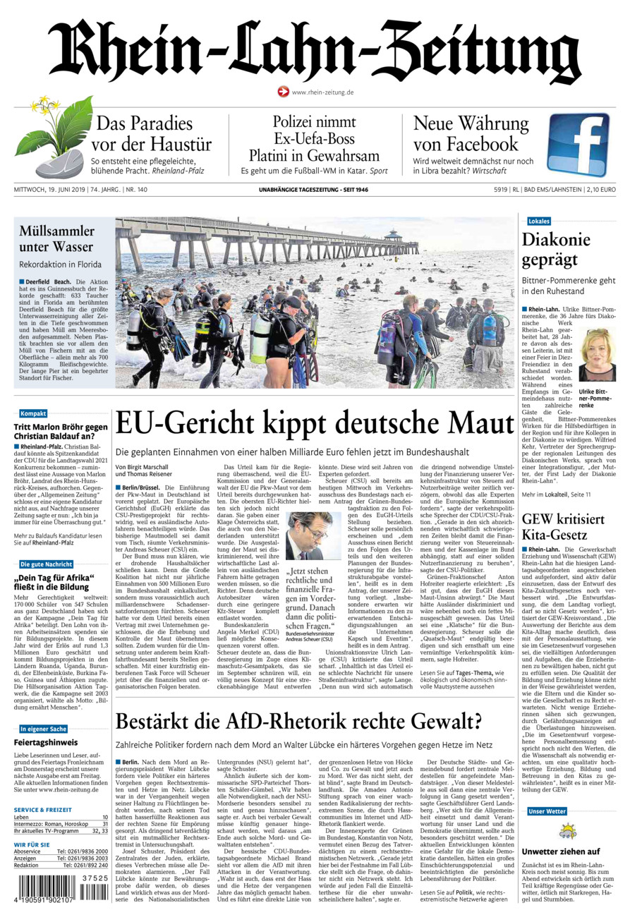 Rhein-Lahn-Zeitung vom Mittwoch, 19.06.2019