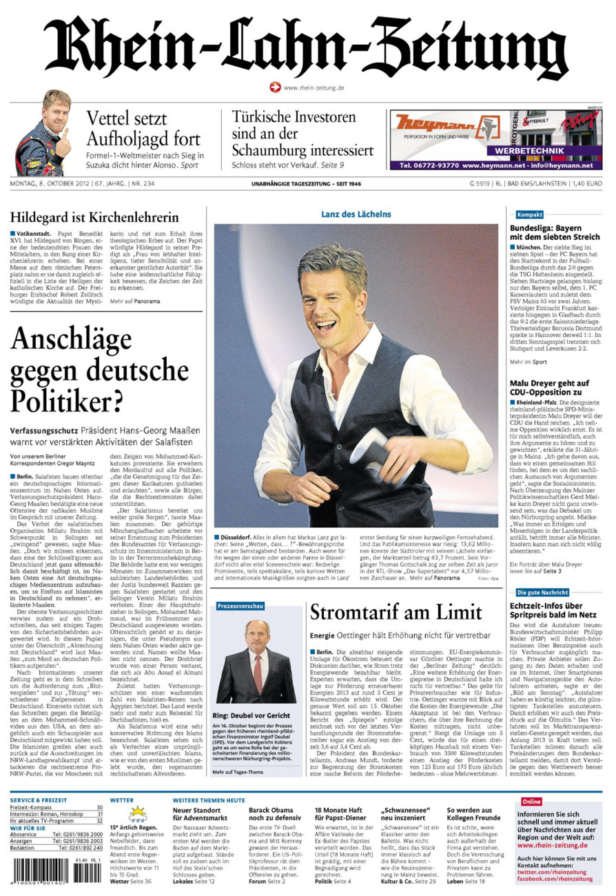 Rhein-Lahn-Zeitung vom Montag, 08.10.2012