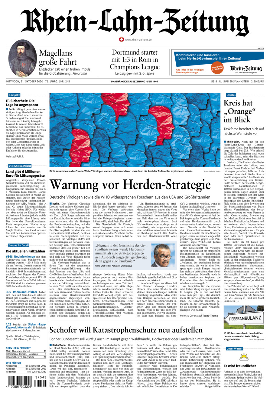 Rhein-Lahn-Zeitung vom Mittwoch, 21.10.2020