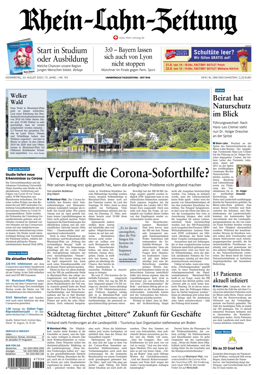 Rhein-Lahn-Zeitung vom Donnerstag, 20.08.2020