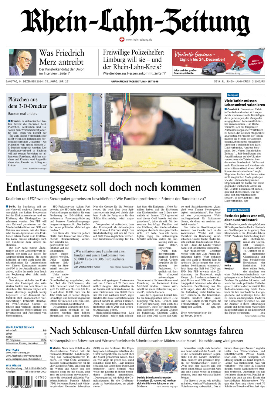 Rhein-Lahn-Zeitung vom Samstag, 14.12.2024