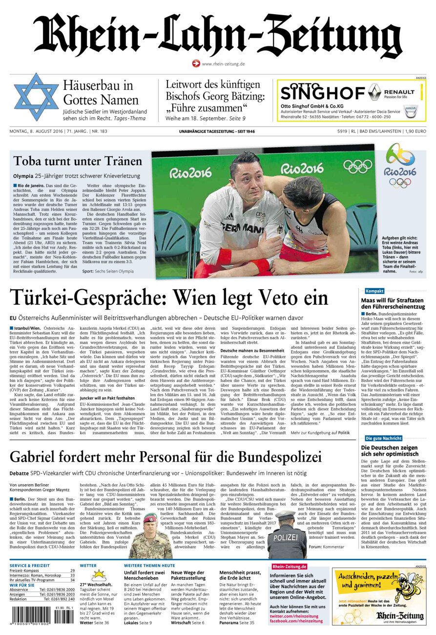Rhein-Lahn-Zeitung vom Montag, 08.08.2016