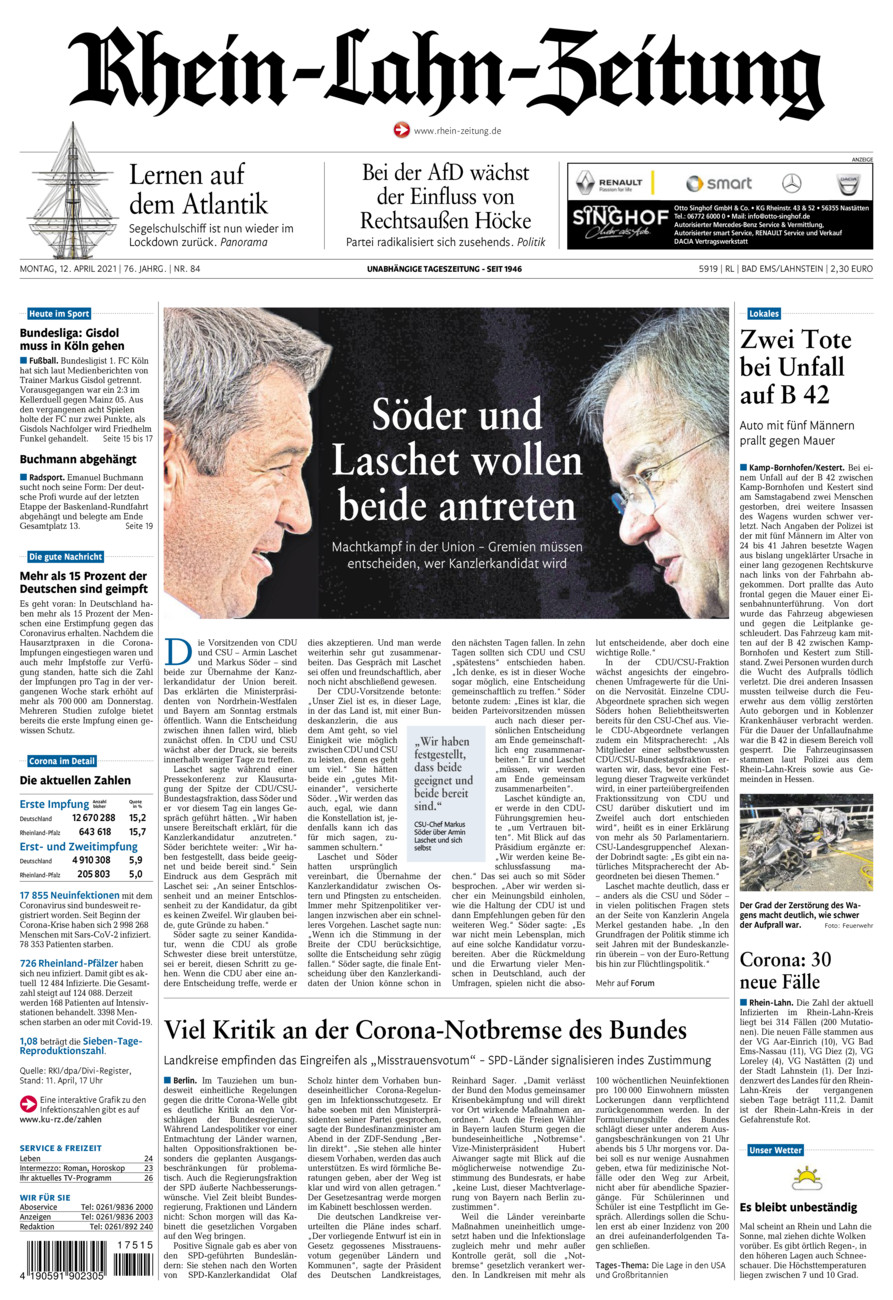Rhein-Lahn-Zeitung vom Montag, 12.04.2021