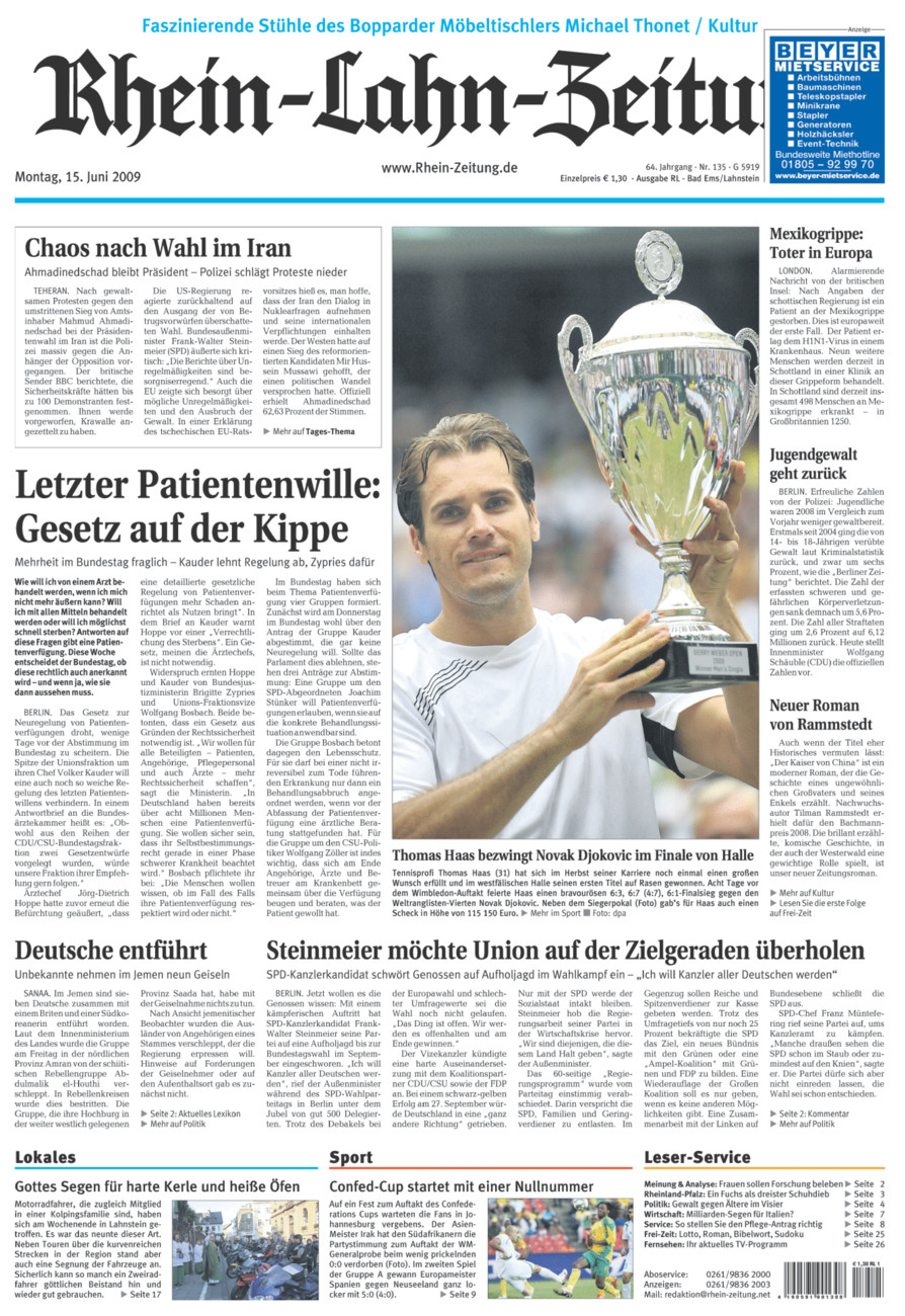 Rhein-Lahn-Zeitung vom Montag, 15.06.2009