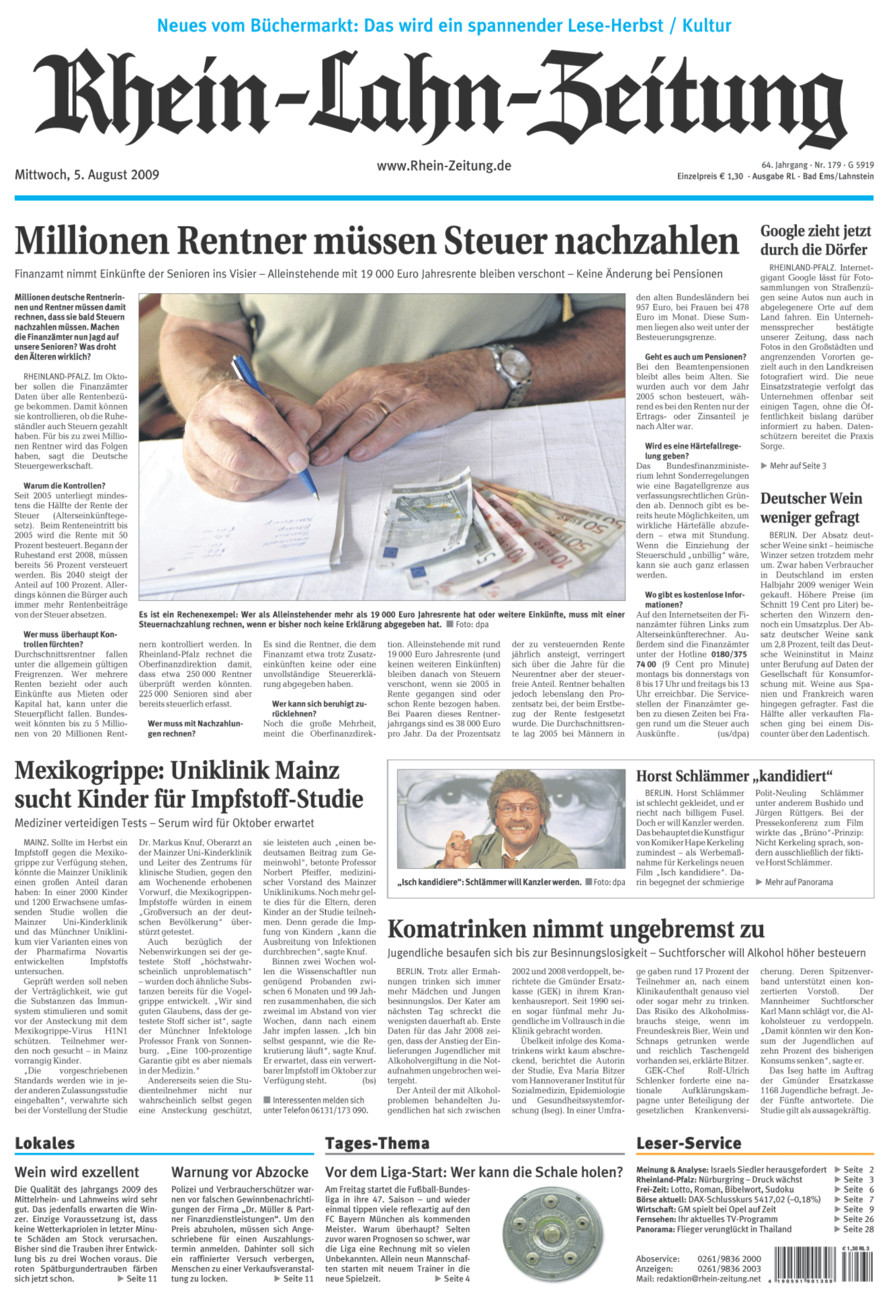 Rhein-Lahn-Zeitung vom Mittwoch, 05.08.2009