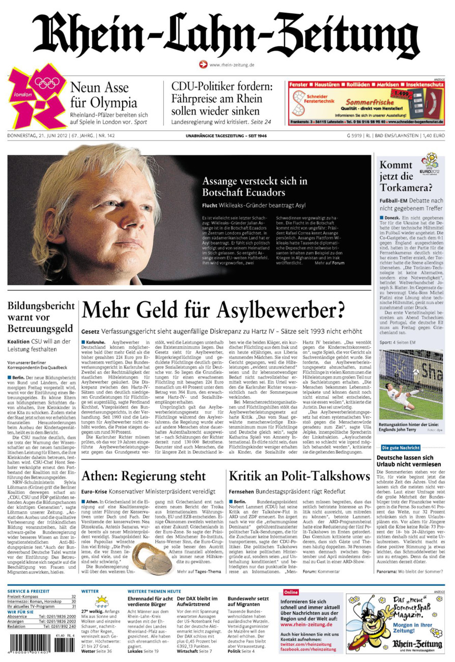 Rhein-Lahn-Zeitung vom Donnerstag, 21.06.2012