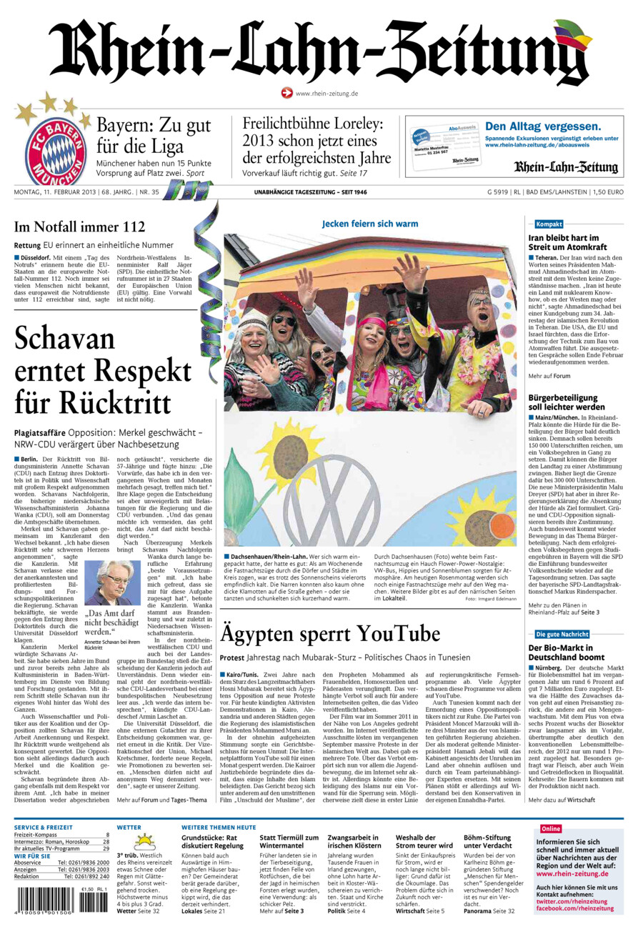 Rhein-Lahn-Zeitung vom Montag, 11.02.2013