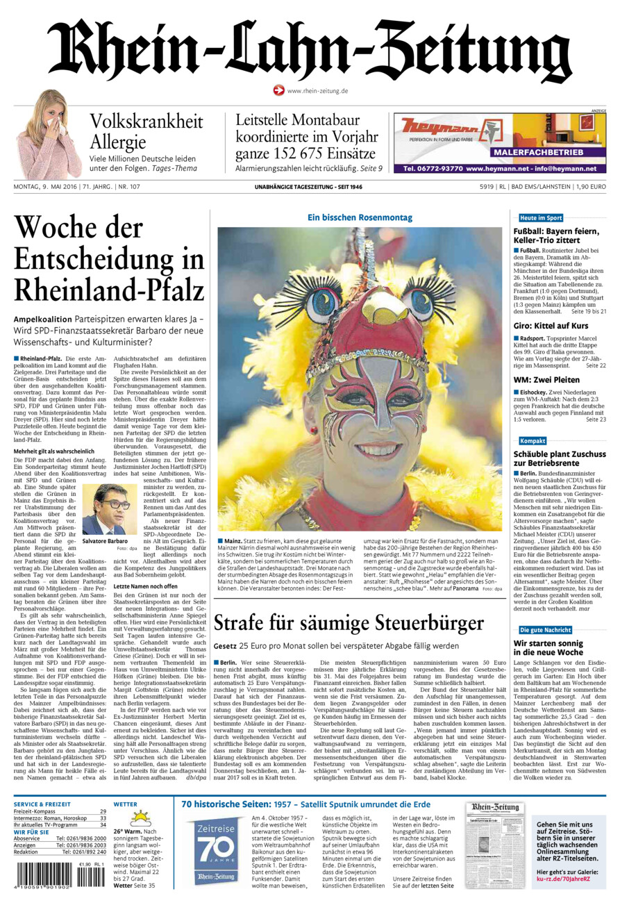 Rhein-Lahn-Zeitung vom Montag, 09.05.2016