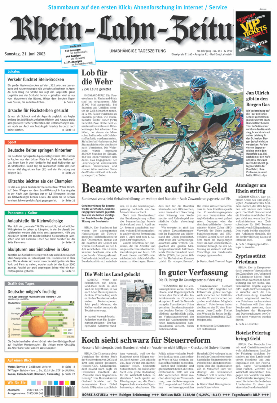Rhein-Lahn-Zeitung vom Samstag, 21.06.2003
