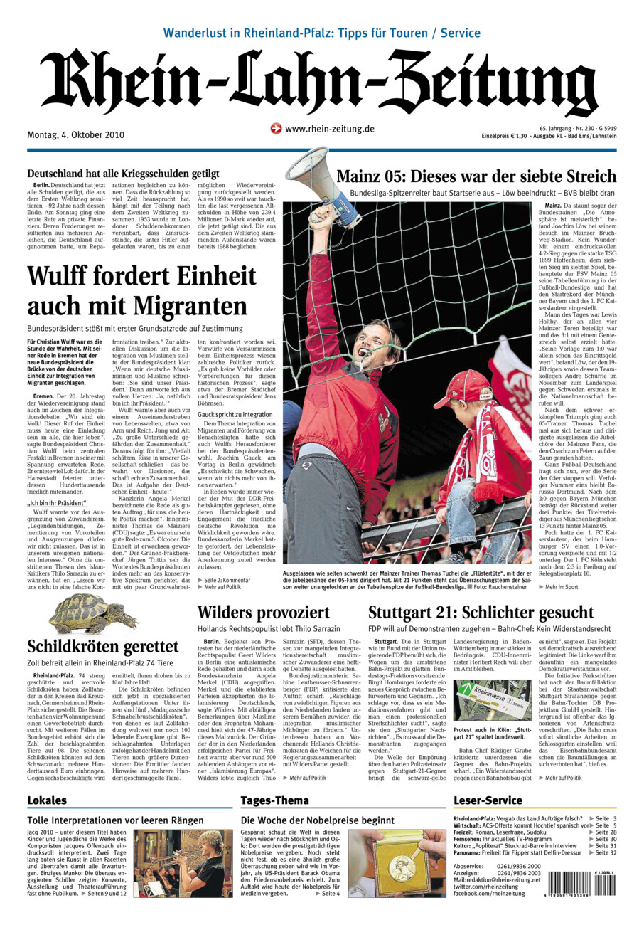 Rhein-Lahn-Zeitung vom Montag, 04.10.2010
