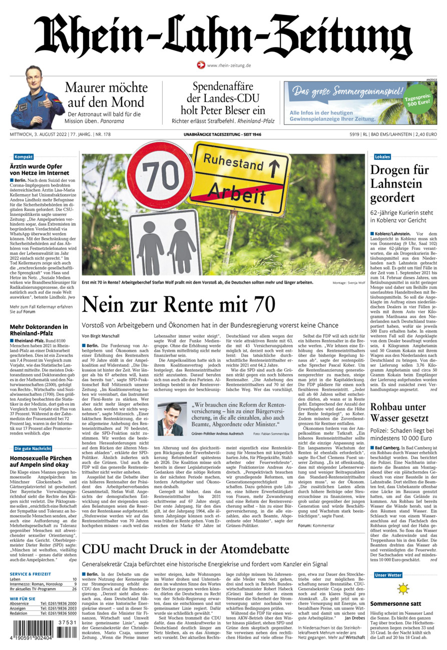 Rhein-Lahn-Zeitung vom Mittwoch, 03.08.2022