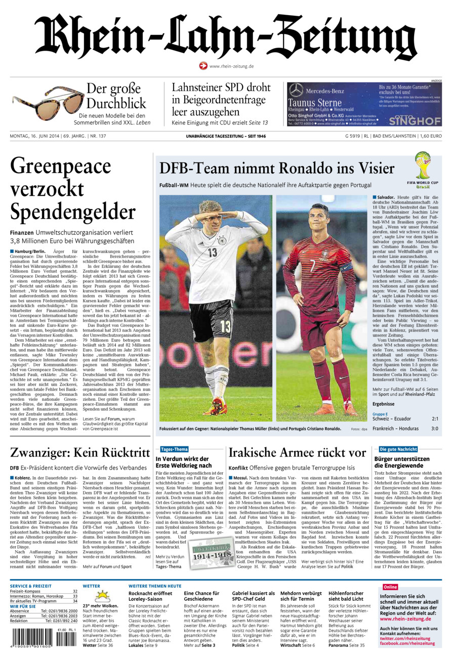Rhein-Lahn-Zeitung vom Montag, 16.06.2014