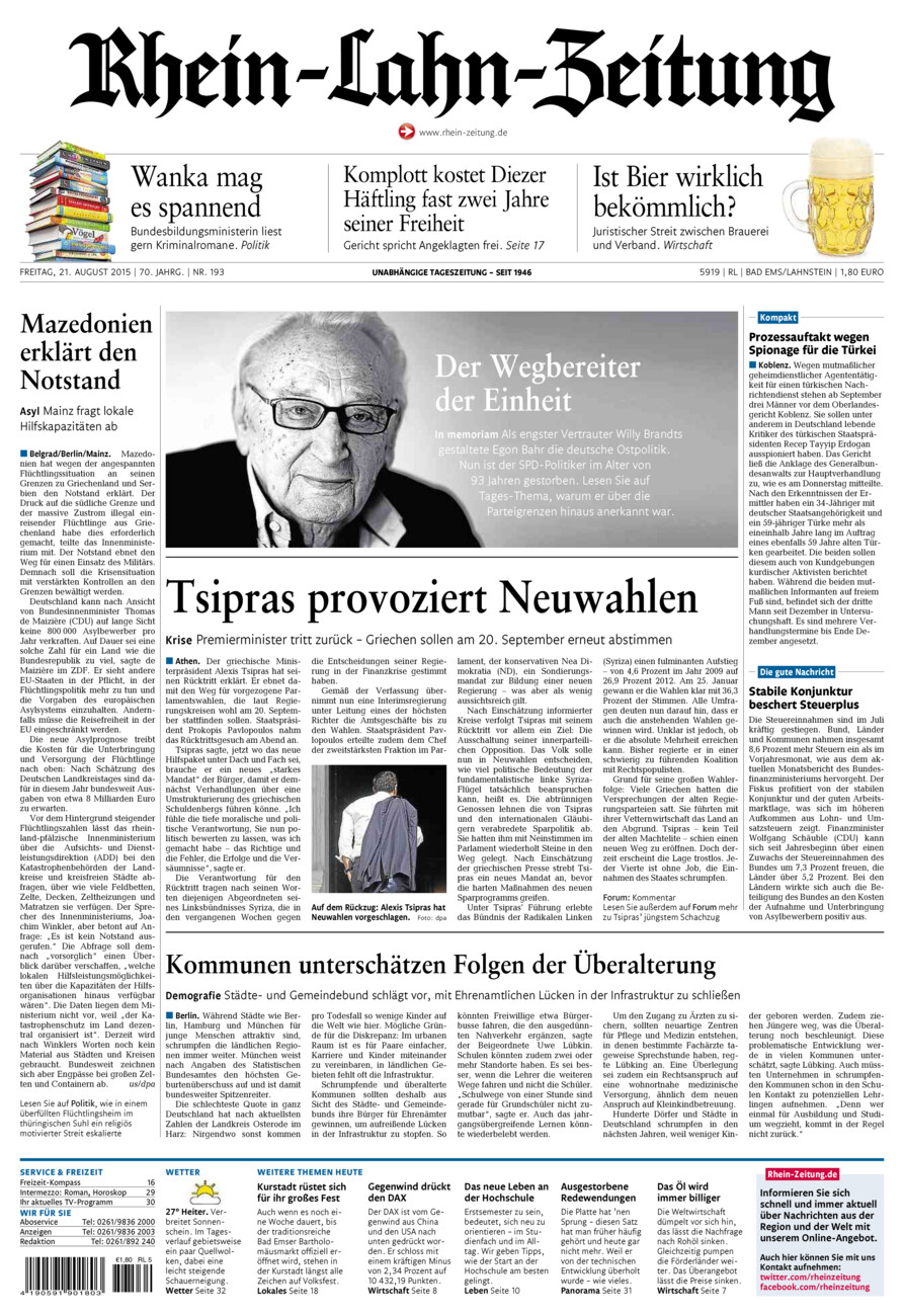Rhein-Lahn-Zeitung vom Freitag, 21.08.2015
