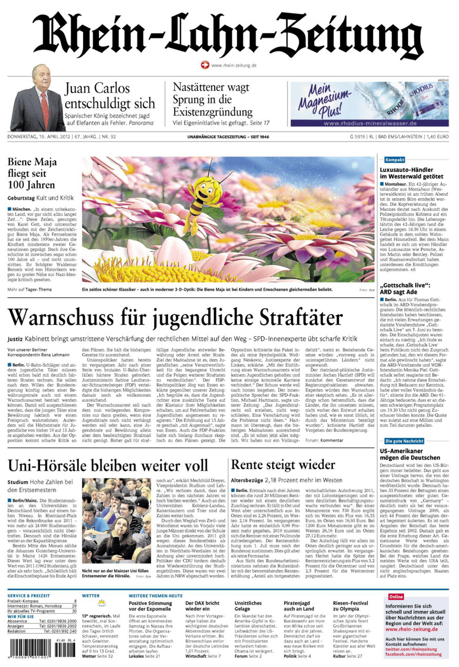 Rhein-Lahn-Zeitung vom Donnerstag, 19.04.2012