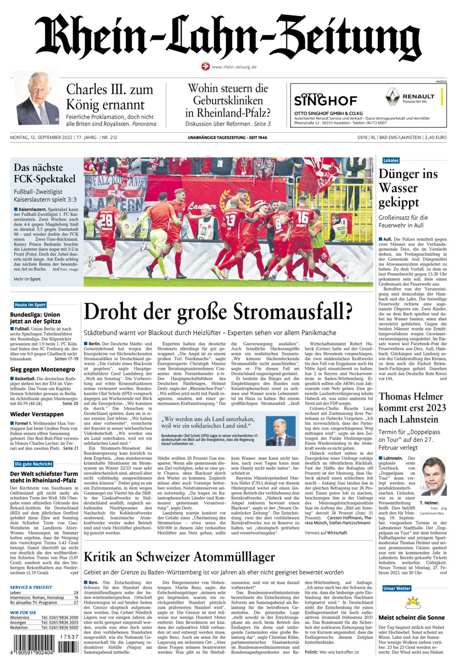 Rhein-Lahn-Zeitung vom Montag, 12.09.2022
