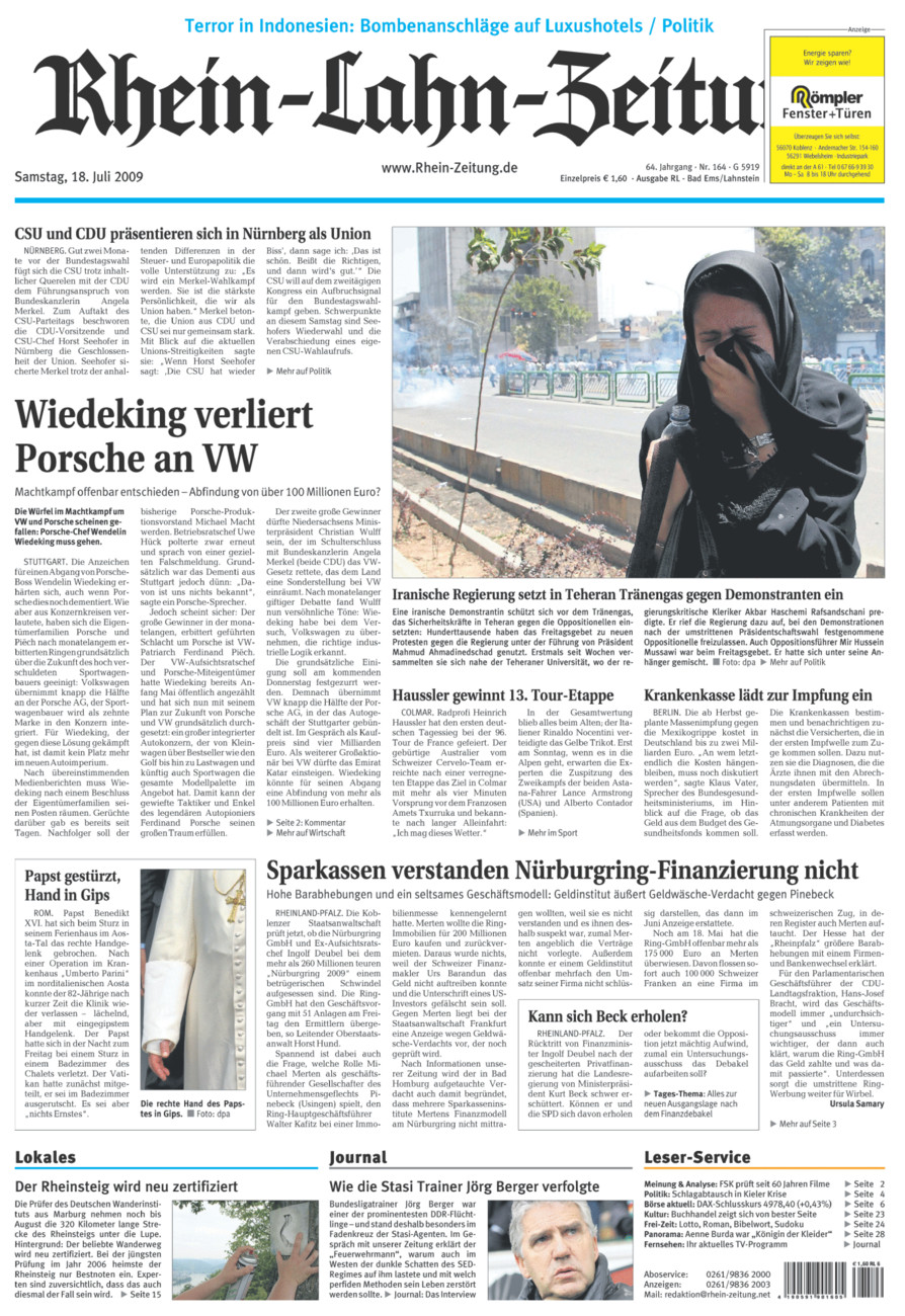 Rhein-Lahn-Zeitung vom Samstag, 18.07.2009
