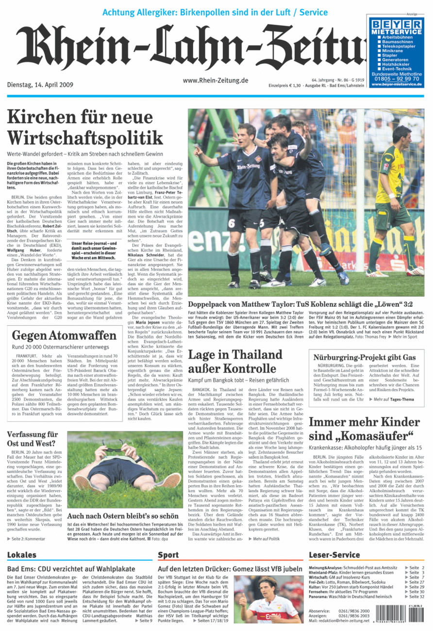 Rhein-Lahn-Zeitung vom Dienstag, 14.04.2009