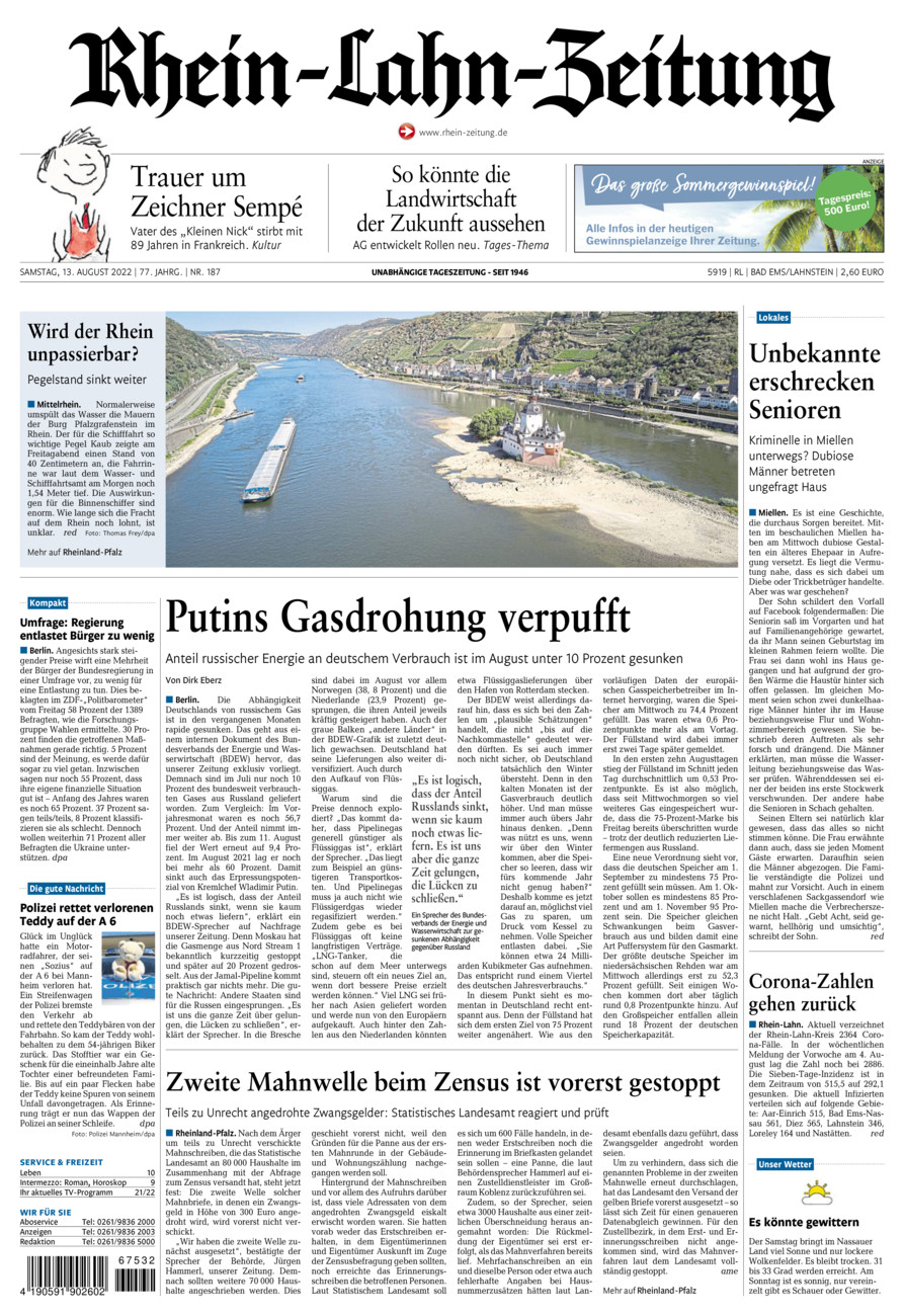 Rhein-Lahn-Zeitung vom Samstag, 13.08.2022
