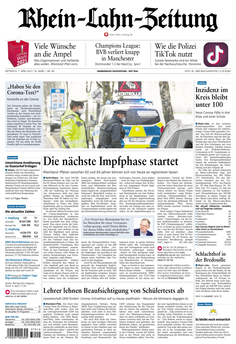 Rhein-Lahn-Zeitung vom Mittwoch, 07.04.2021