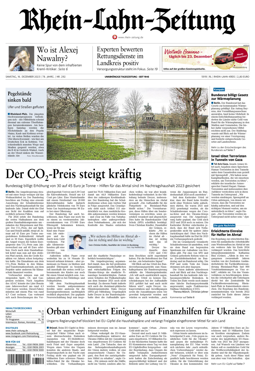 Rhein-Lahn-Zeitung vom Samstag, 16.12.2023