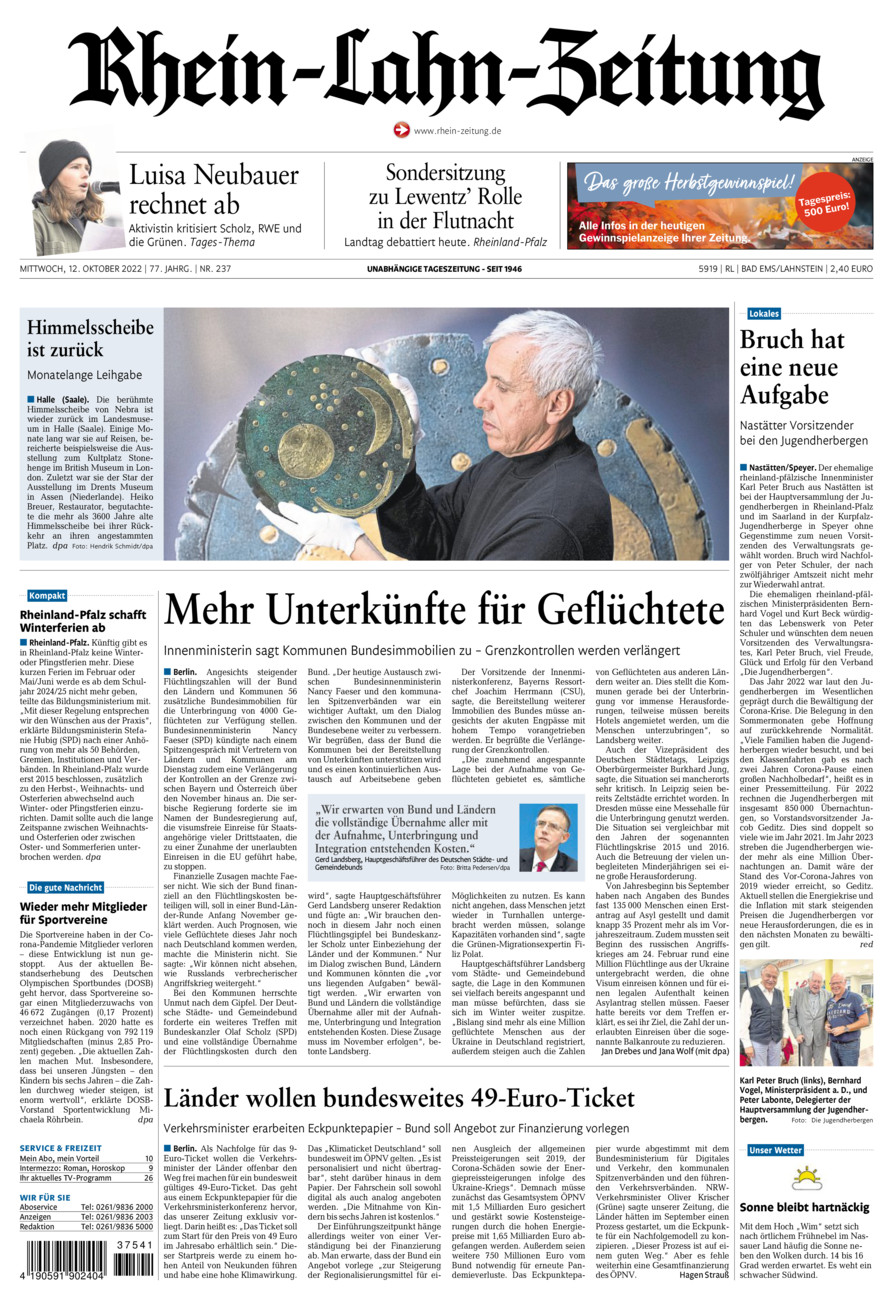 Rhein-Lahn-Zeitung vom Mittwoch, 12.10.2022