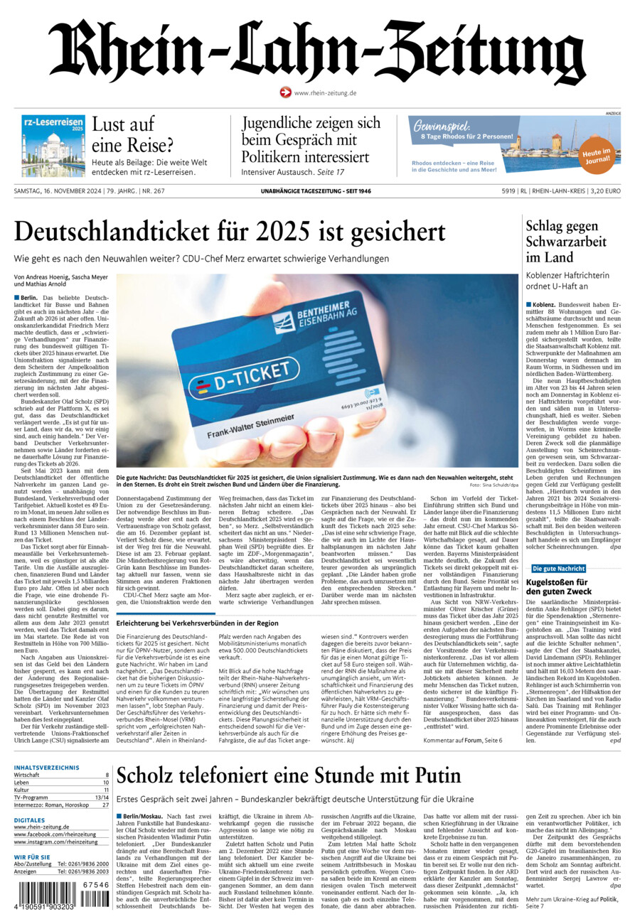 Rhein-Lahn-Zeitung vom Samstag, 16.11.2024