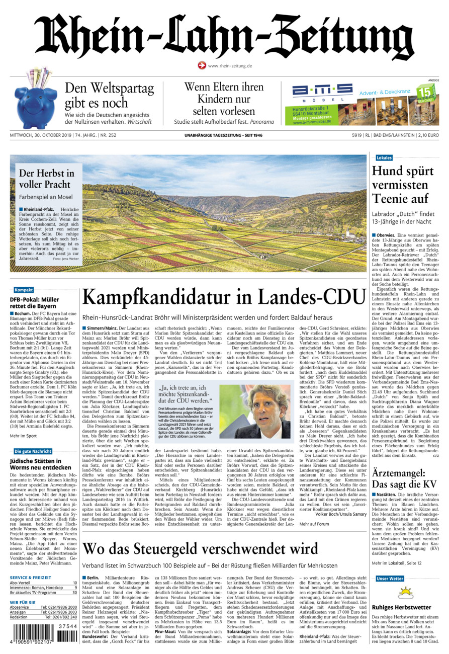 Rhein-Lahn-Zeitung vom Mittwoch, 30.10.2019