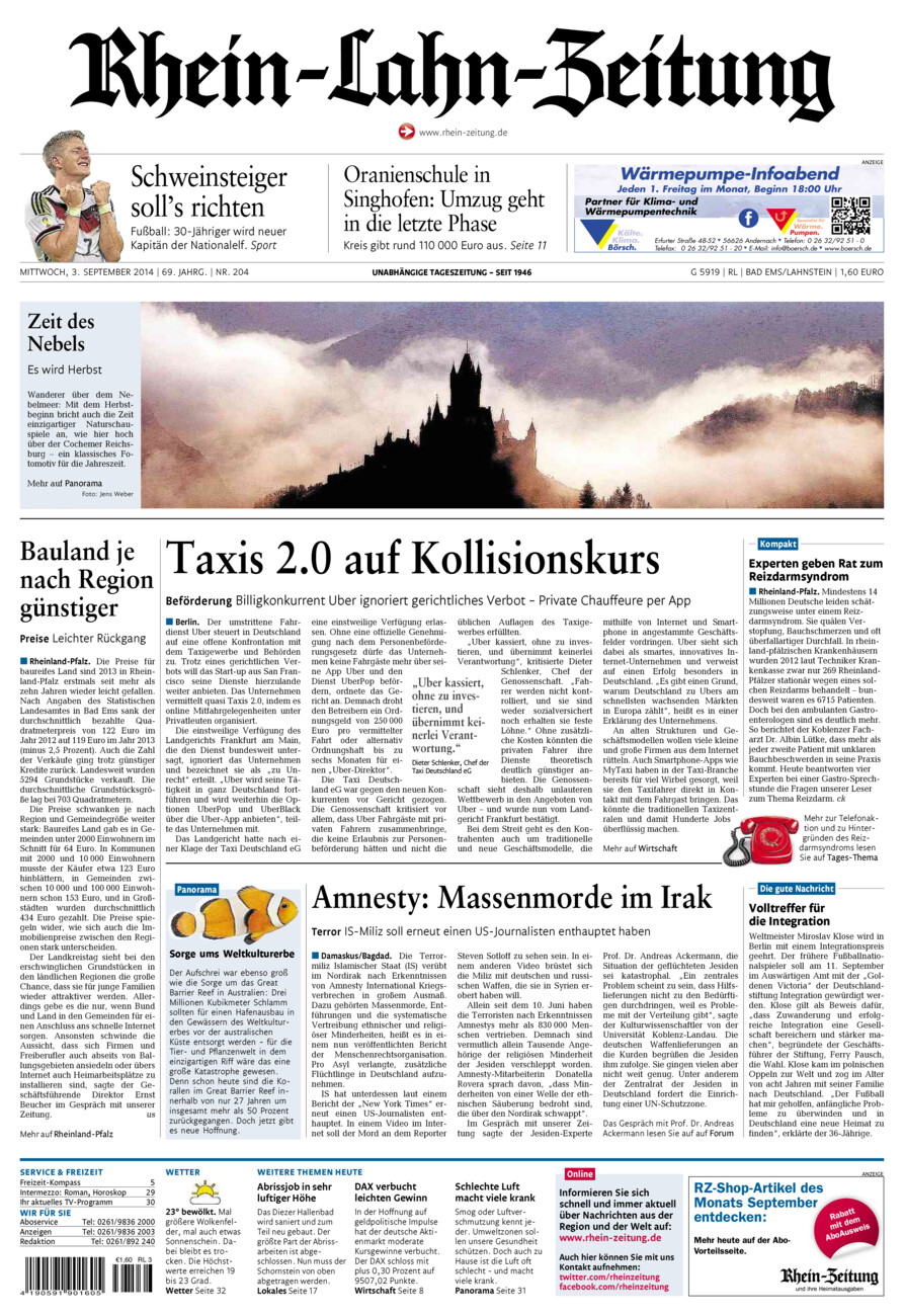 Rhein-Lahn-Zeitung vom Mittwoch, 03.09.2014