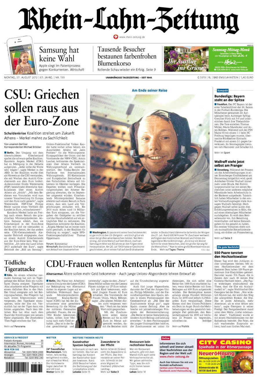 Rhein-Lahn-Zeitung vom Montag, 27.08.2012