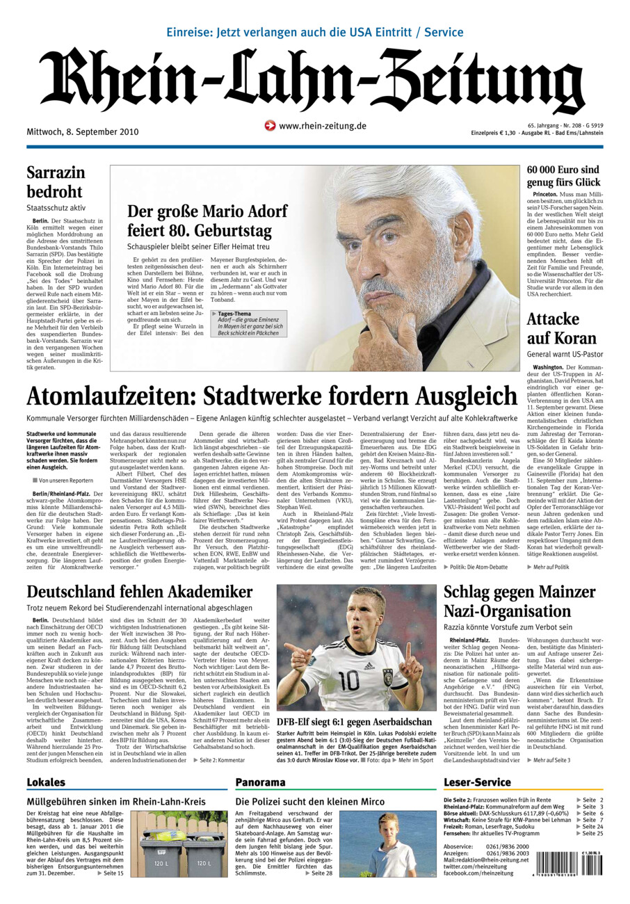 Rhein-Lahn-Zeitung vom Mittwoch, 08.09.2010