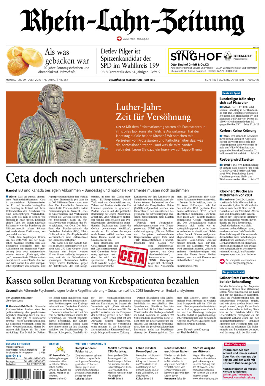 Rhein-Lahn-Zeitung vom Montag, 31.10.2016