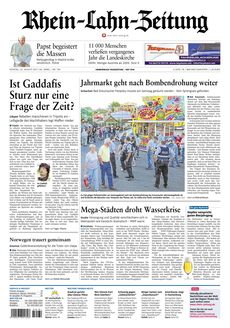 Rhein-Lahn-Zeitung vom Montag, 22.08.2011